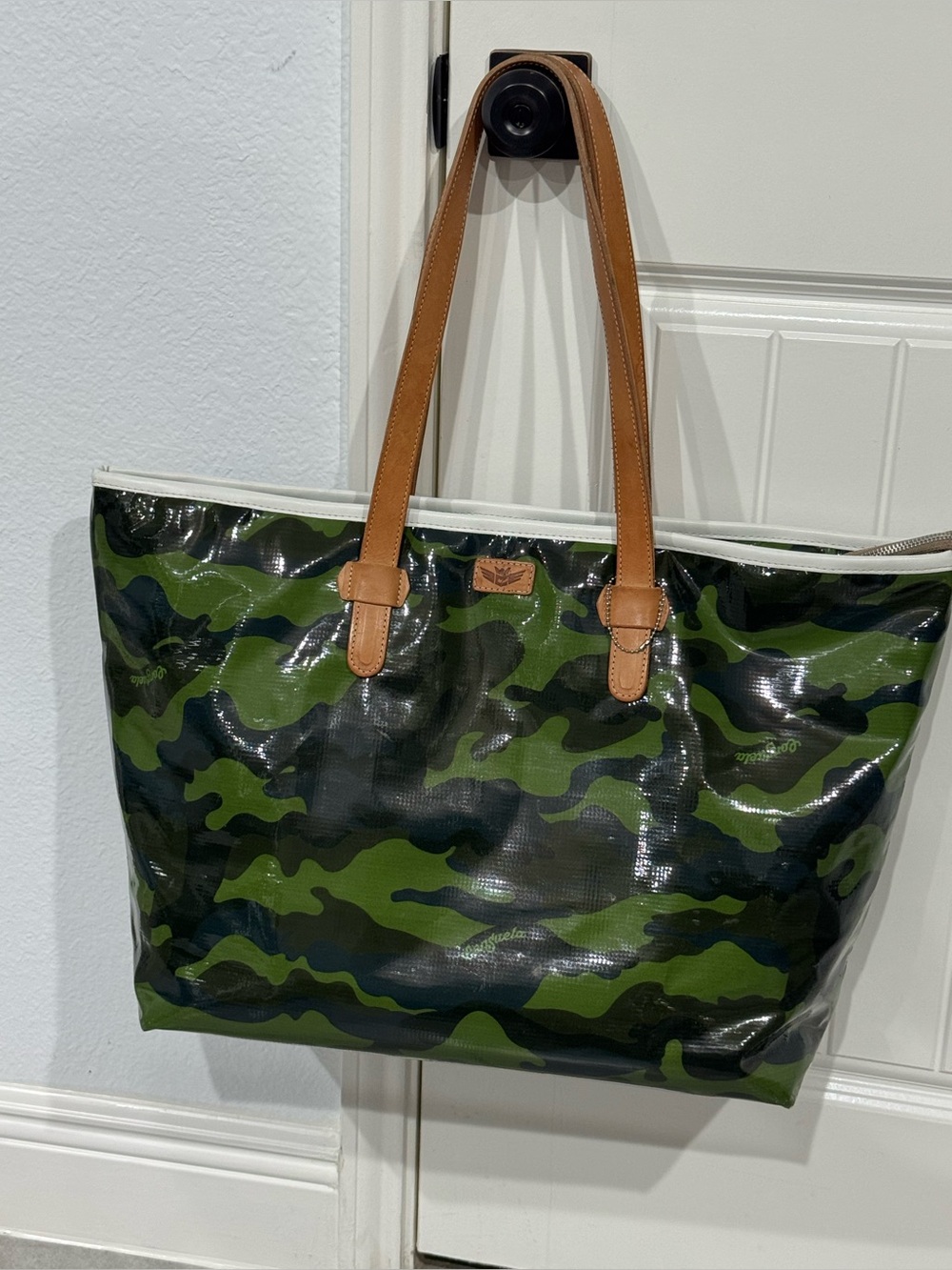 CONSUELA Camouflage large Tote Bag with Tan Leather Handles